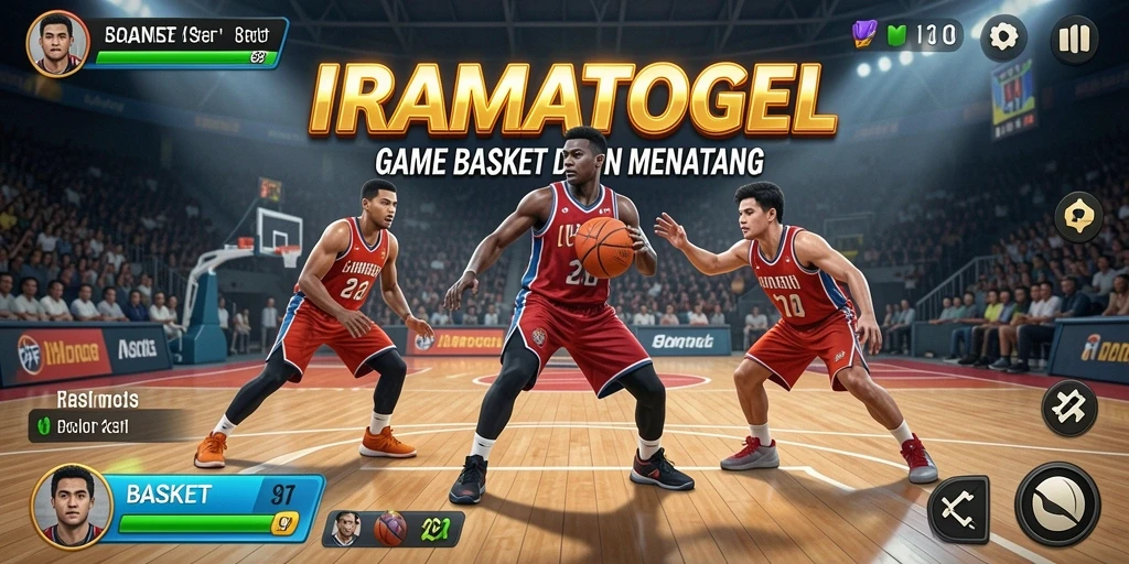 Tampilan antarmuka utama IRAMATOGEL dengan karakter dan lapangan basket.